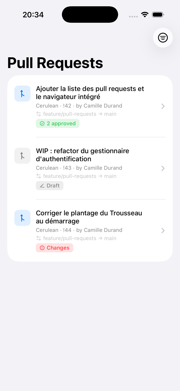 Liste des pull requests dans Cerulean