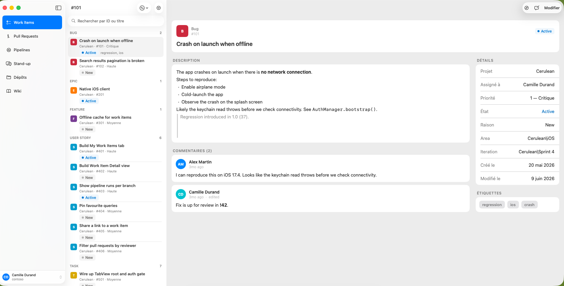 Cerulean sur Mac : la barre latérale, la liste des work items et le détail d’un bug