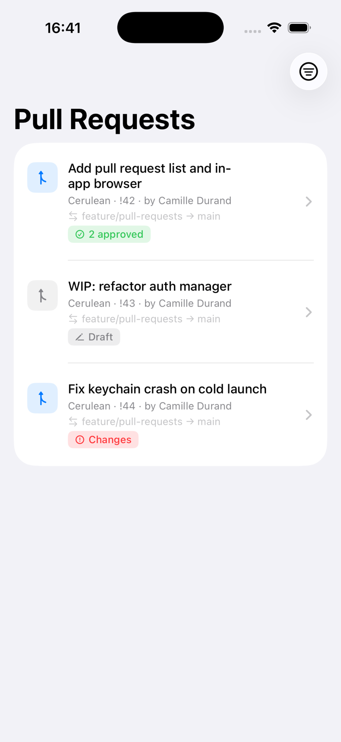 Pull requests list in Cerulean