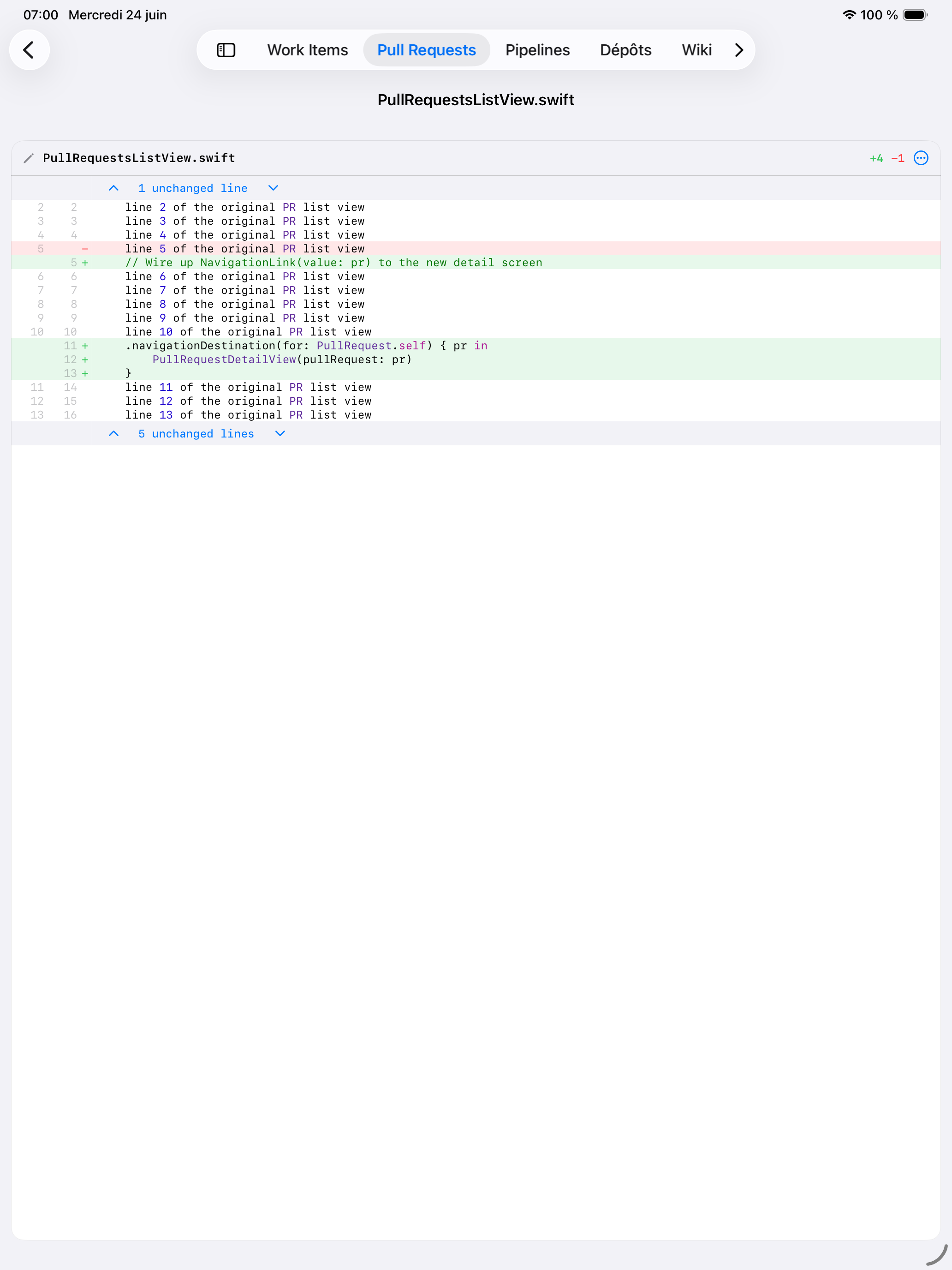 Revue de code et diff dans Cerulean sur iPad