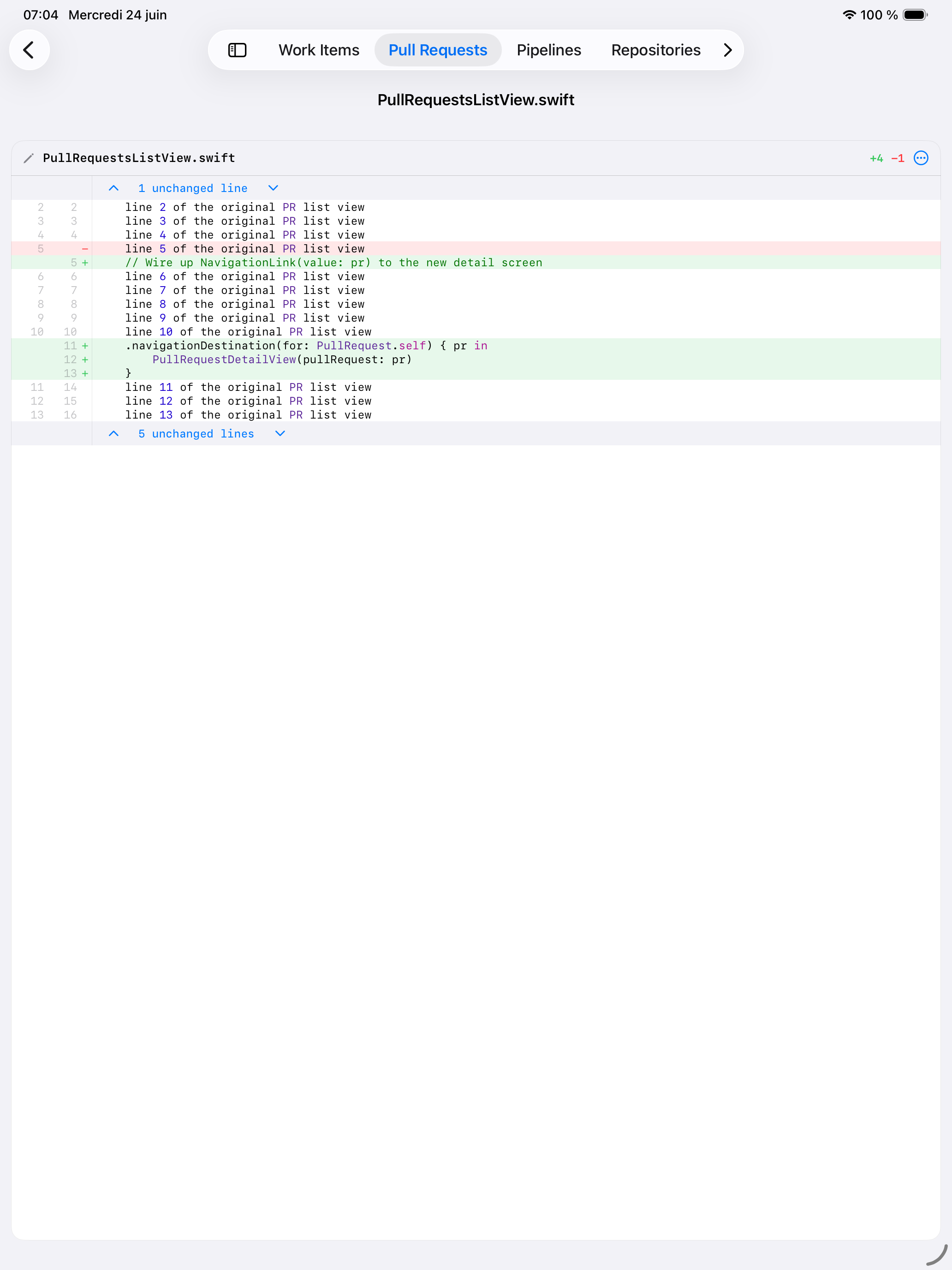 Code review and diff in Cerulean on iPad