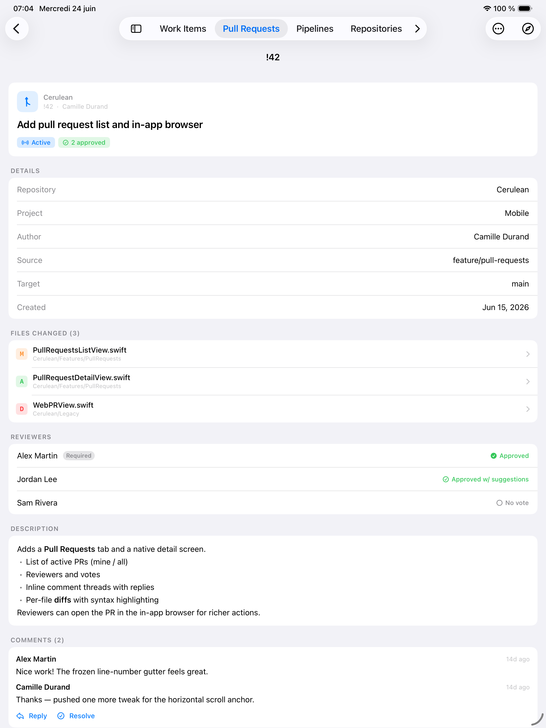 Pull Request detail in Cerulean on iPad
