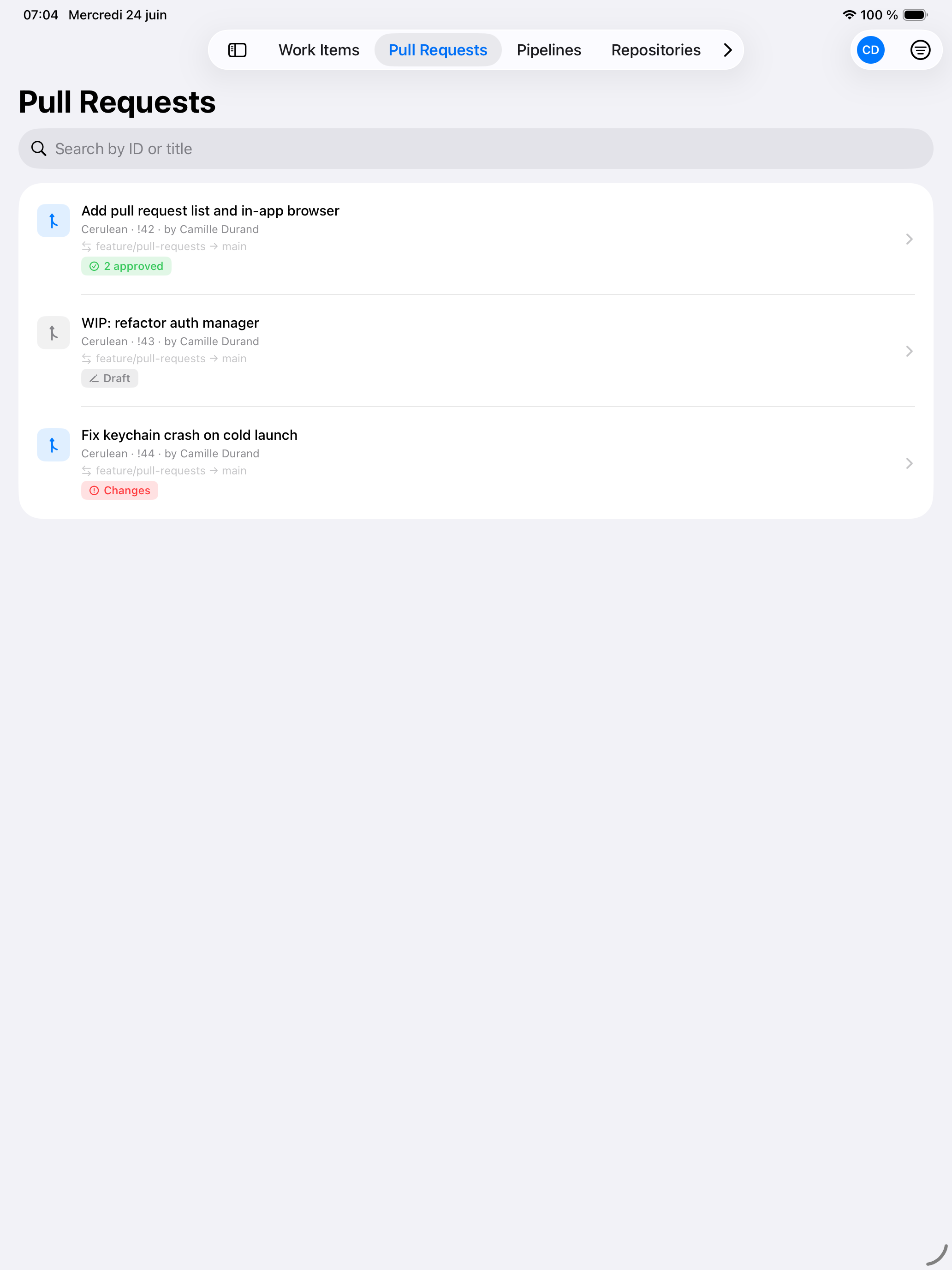 Pull requests list in Cerulean on iPad