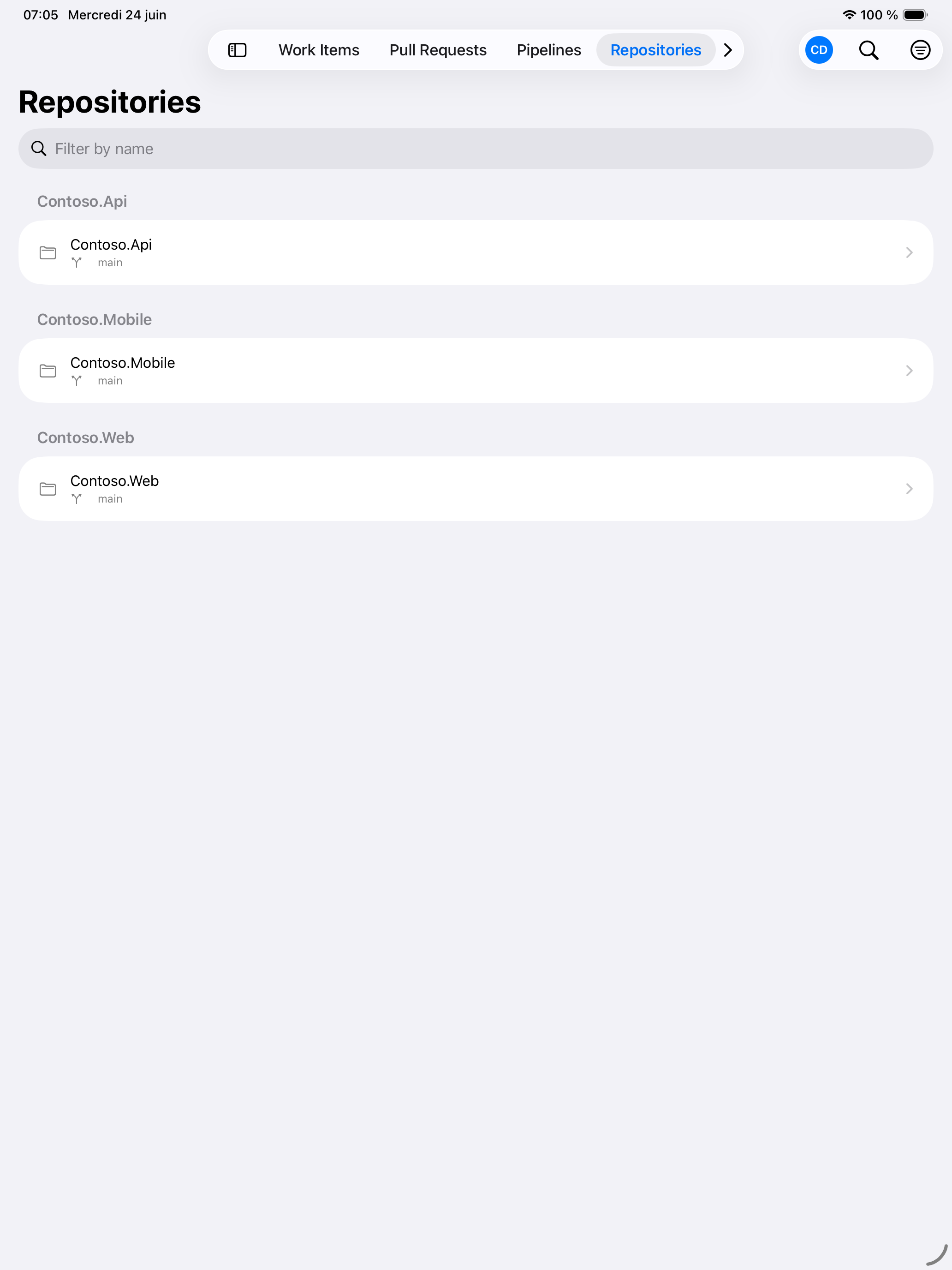 Repository browser in Cerulean on iPad