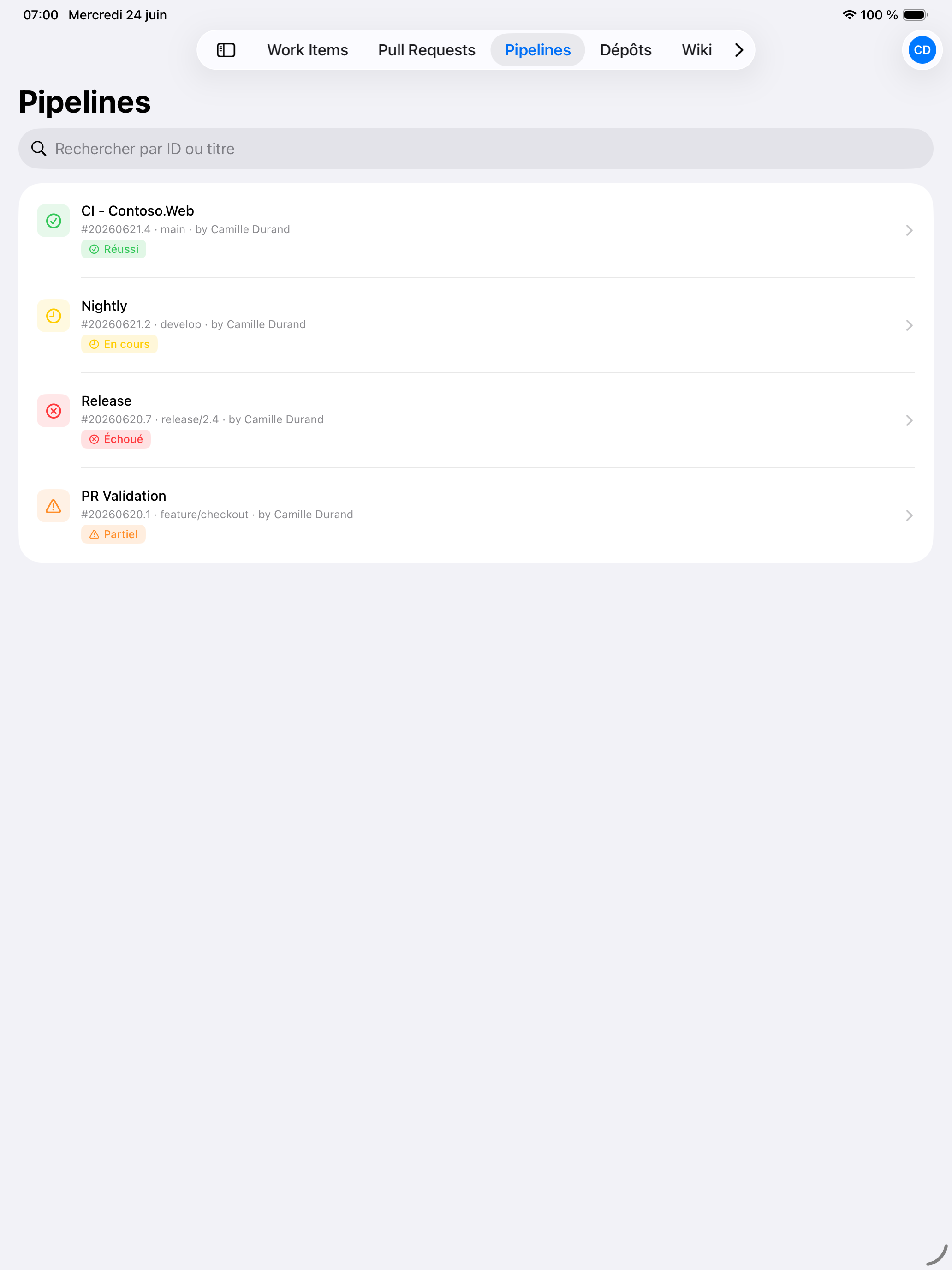 Pipelines dans Cerulean sur iPad