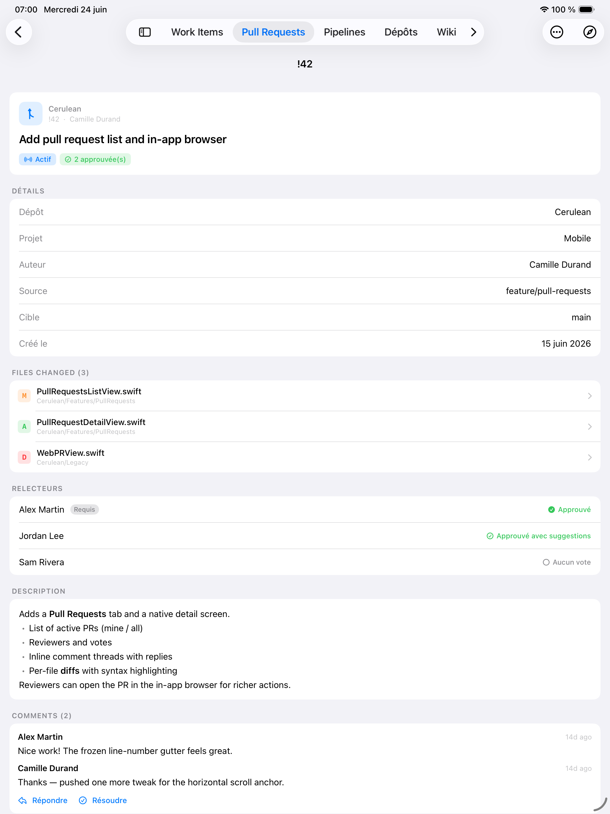 Détail d'une Pull Request dans Cerulean sur iPad