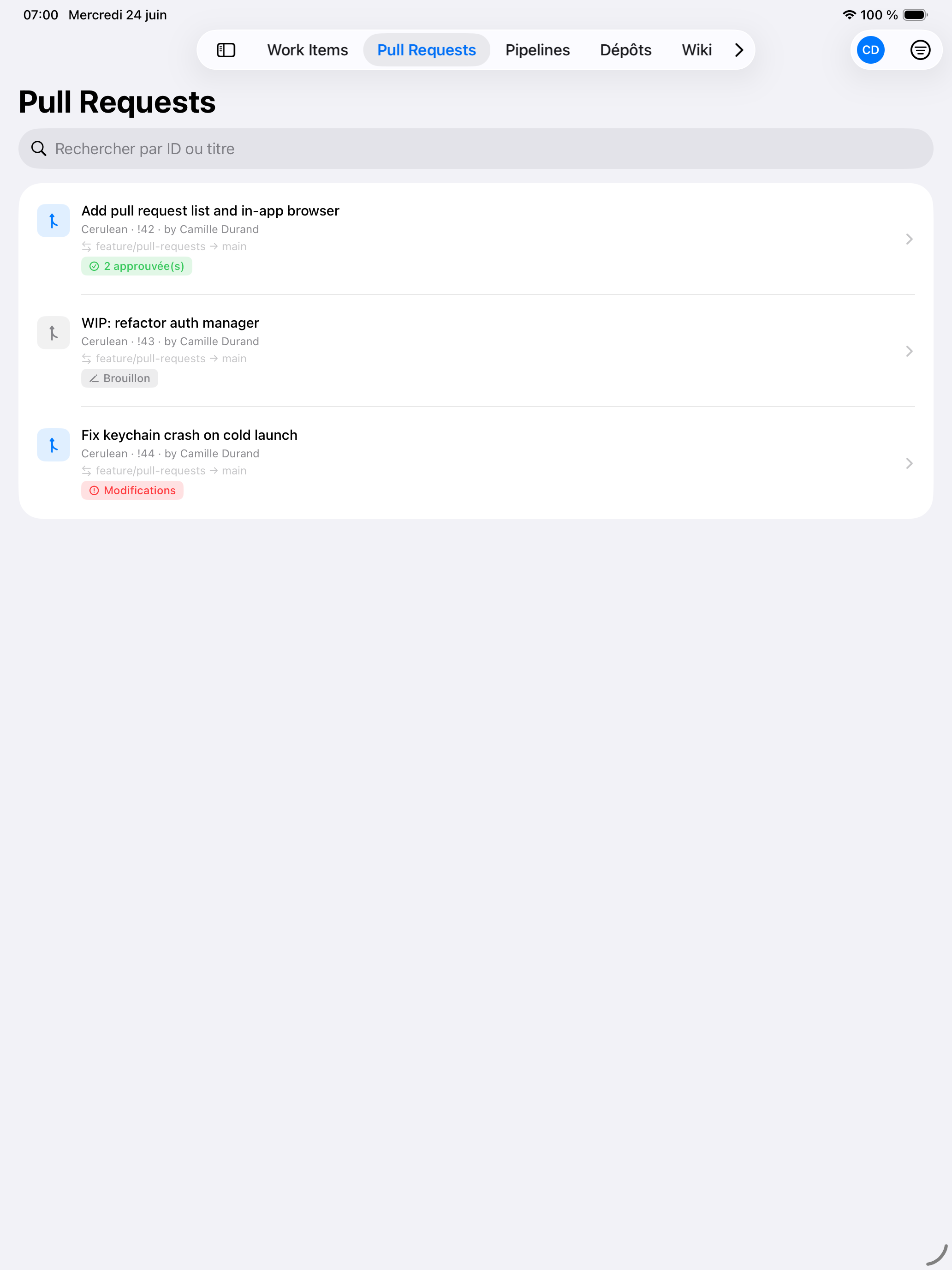 Liste des Pull Requests dans Cerulean sur iPad