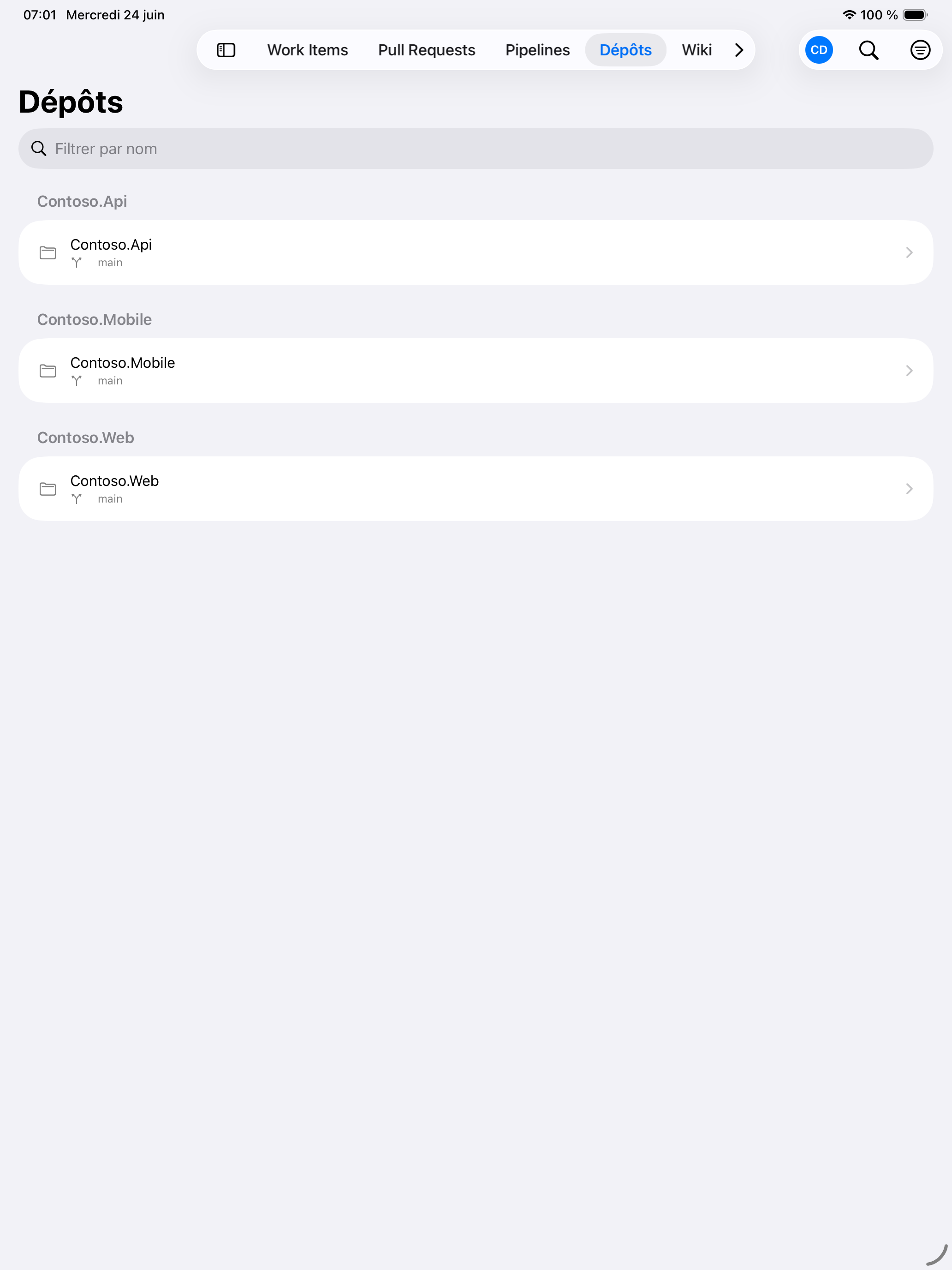 Navigateur de dépôts dans Cerulean sur iPad