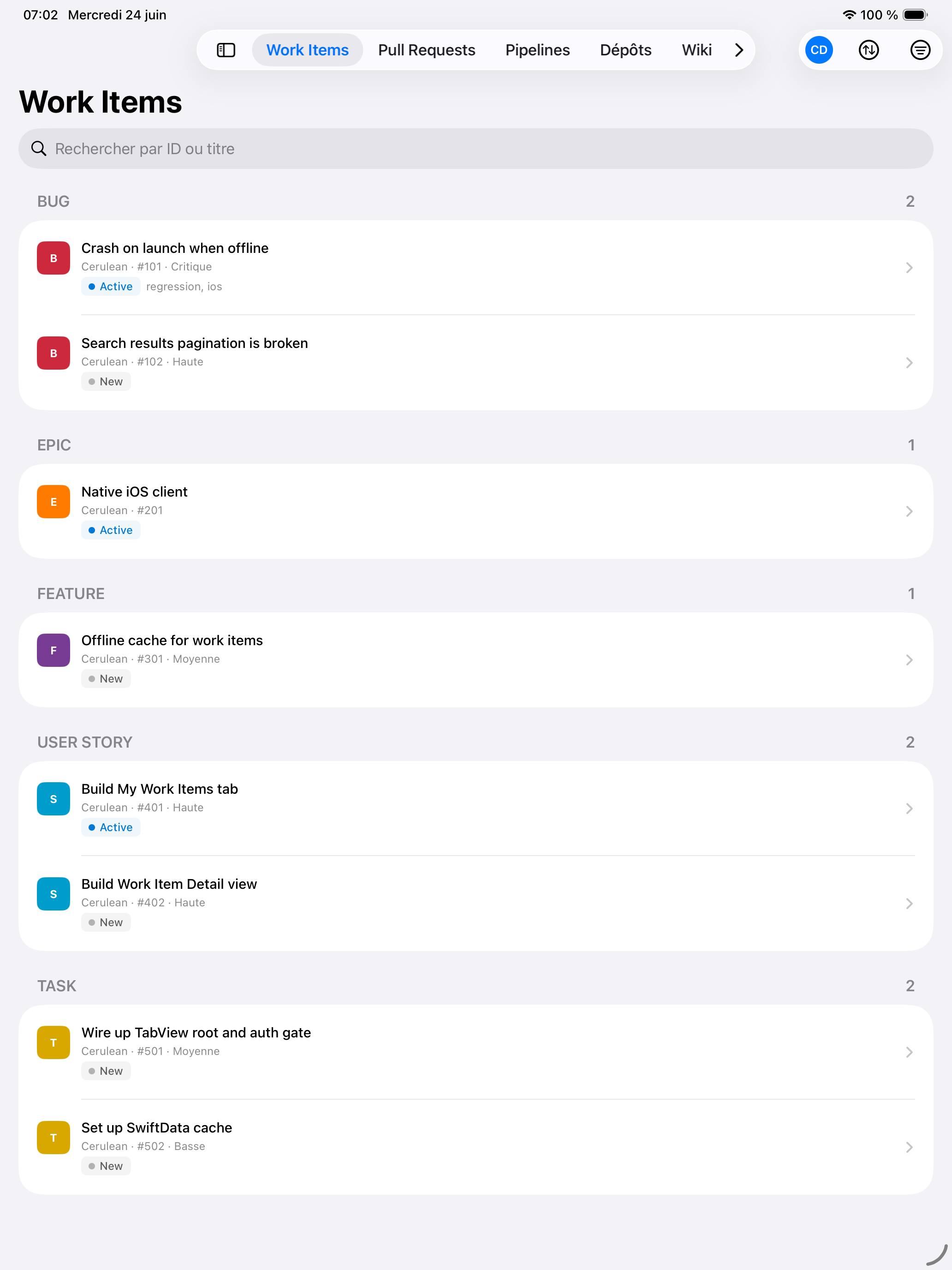 Recherche contextuelle dans Cerulean sur iPad