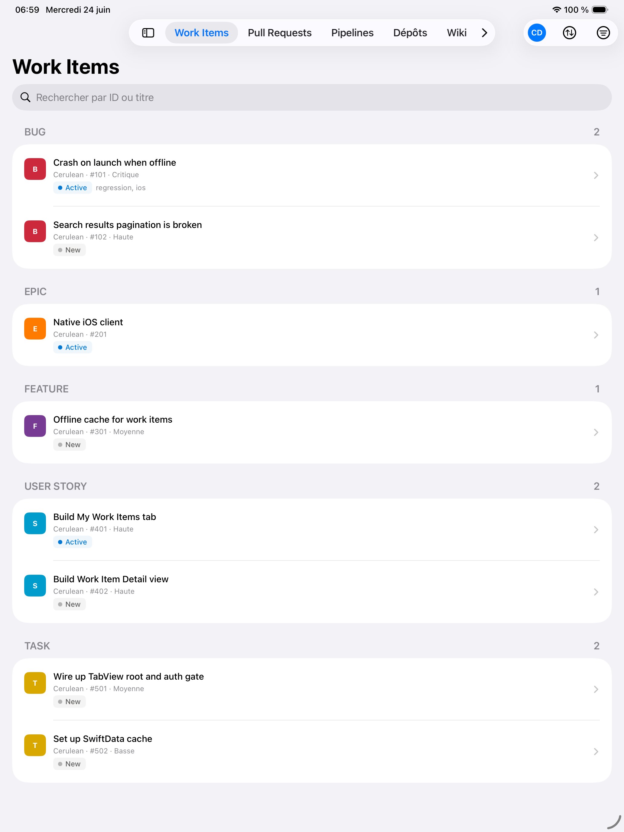 Liste des work items dans Cerulean sur iPad