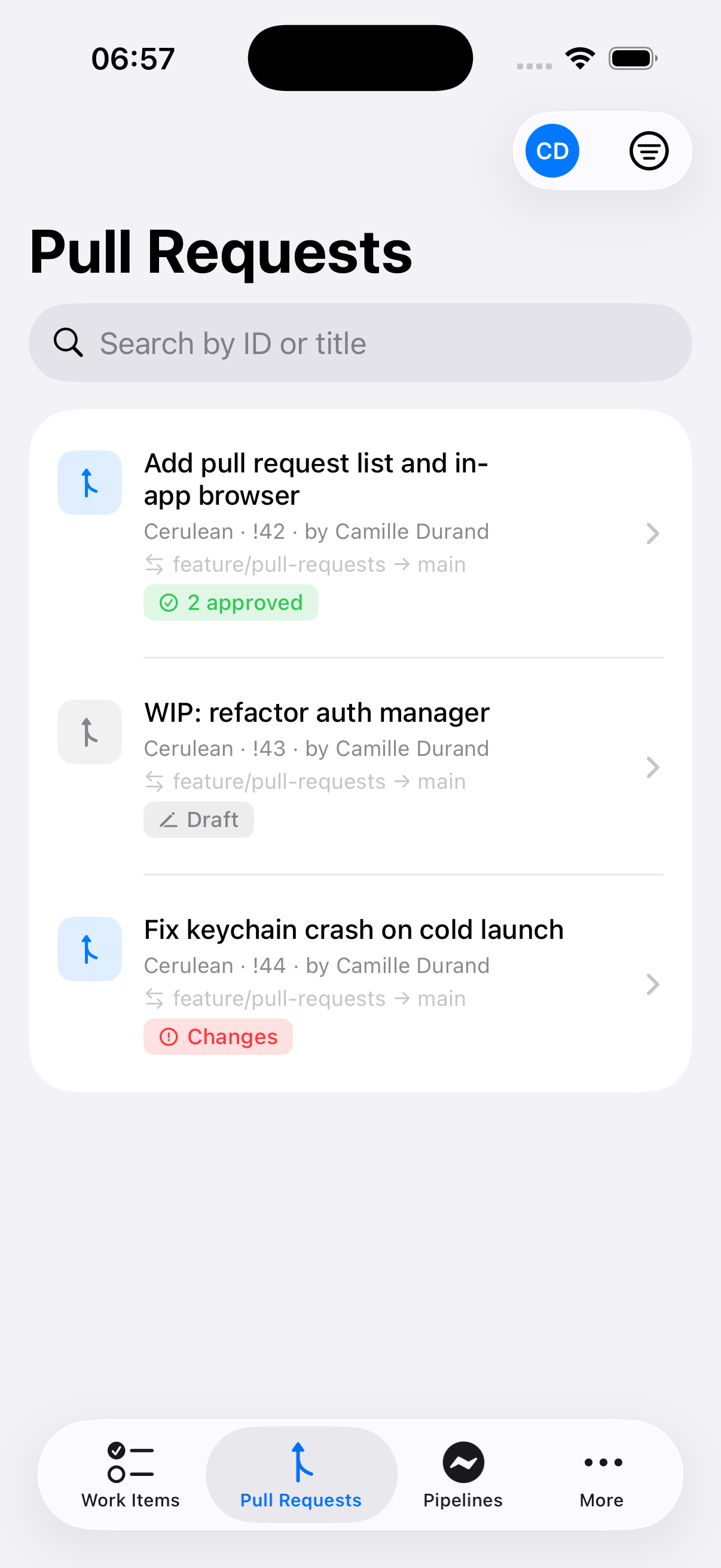Pull requests list in Cerulean on iPhone