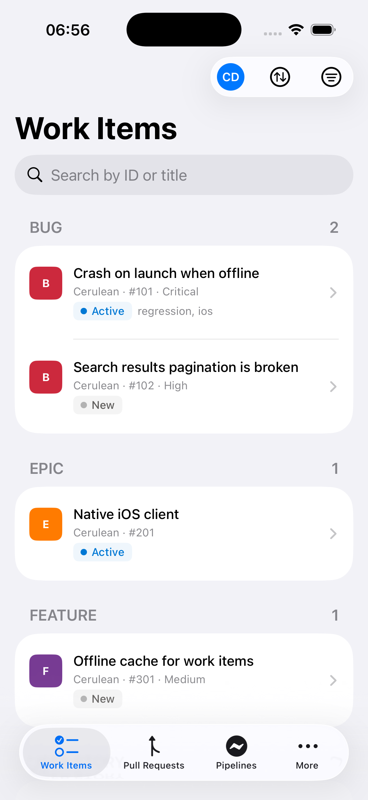 Work items list in Cerulean on iPhone