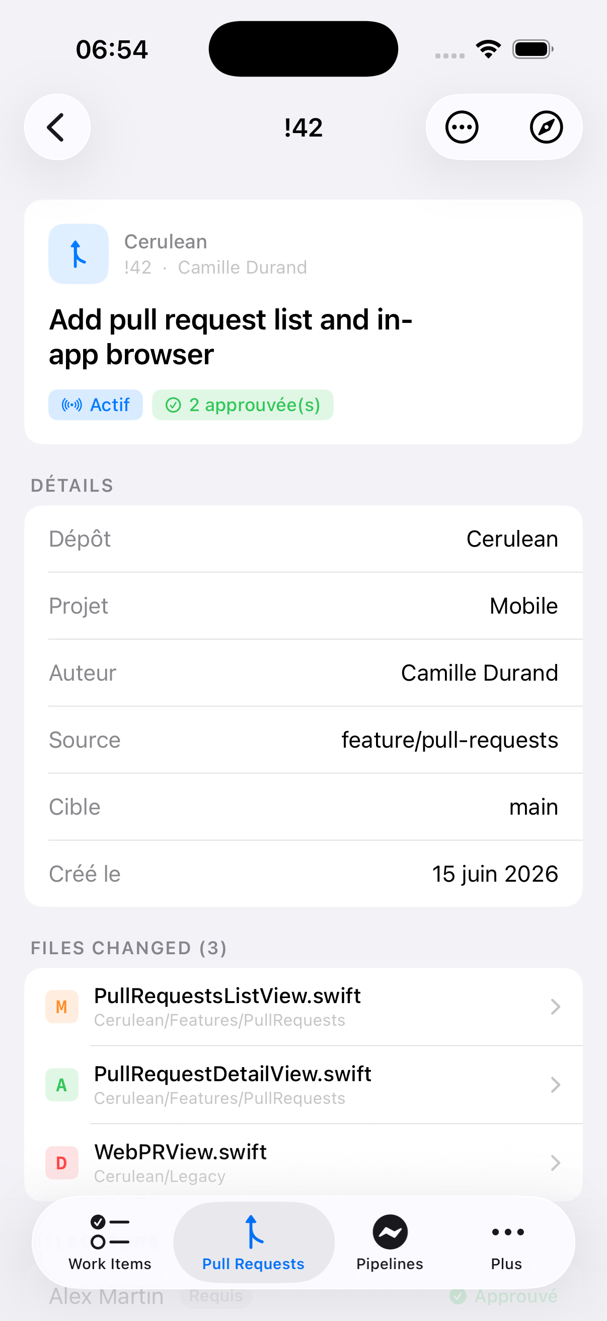 Détail d'une Pull Request dans Cerulean sur iPhone