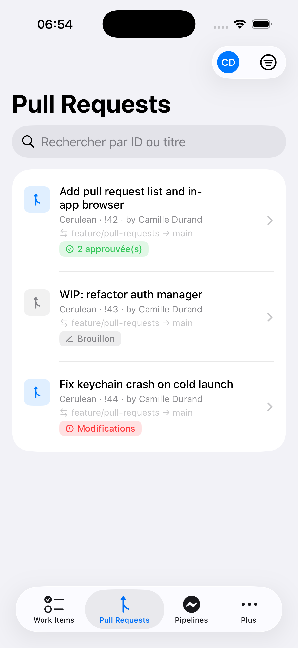 Liste des Pull Requests dans Cerulean sur iPhone