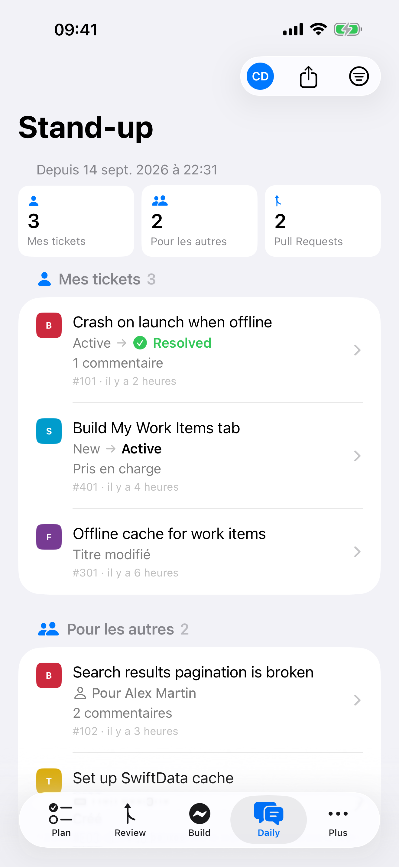 Écran Stand-up de Cerulean sur iPhone : mes tickets, puis ceux des autres