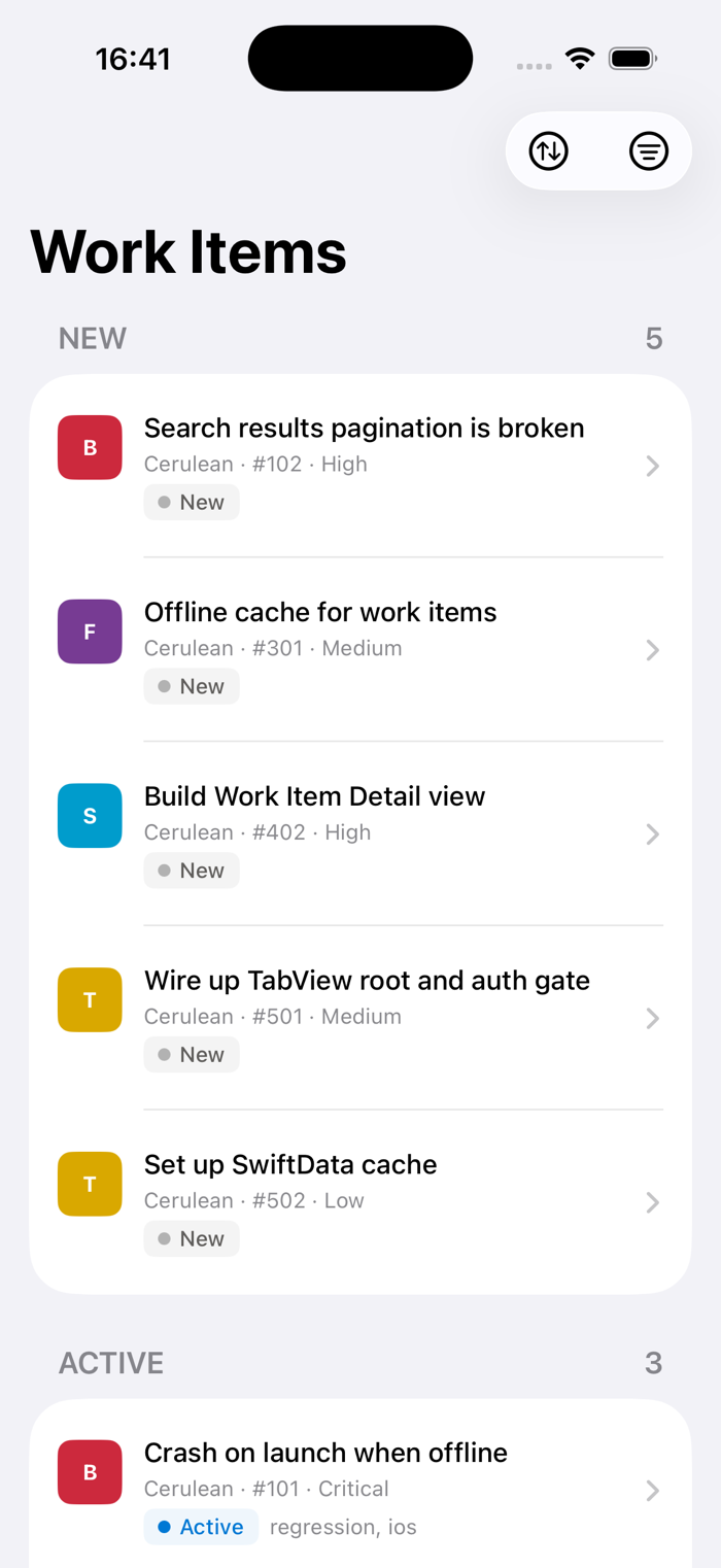 Work items list in Cerulean on iPhone